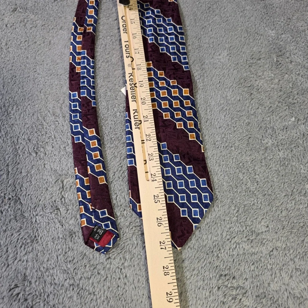 Talyari Mens OS Necktie Burgundy Blue Gold Geometric Diamond 100% Italian Silk